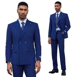 2024 Stacy Adams Double-Breasted Peak Lapel Men's Suit, Indigo Blue